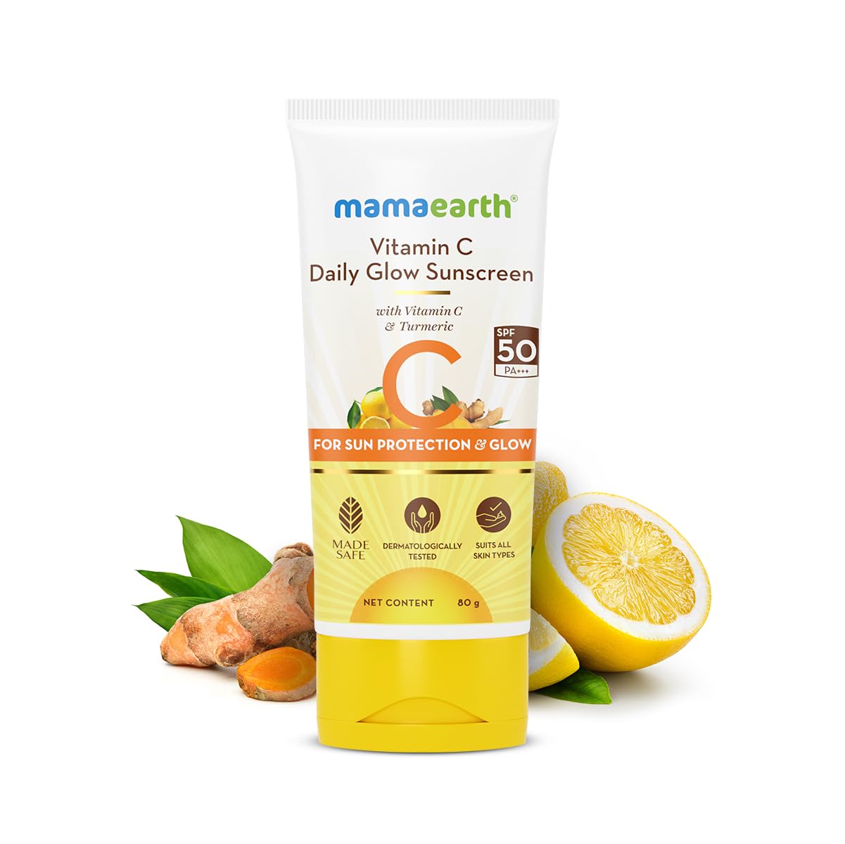 Mamaearth Vitamin C Daily Glow Sunscreen For All Skin Types Spf 50 Pa+++ | No White Cast With Vitamin C & Turmeric, Lightweight, For Sun Protection & Glow - 80 G, Pack Of 1